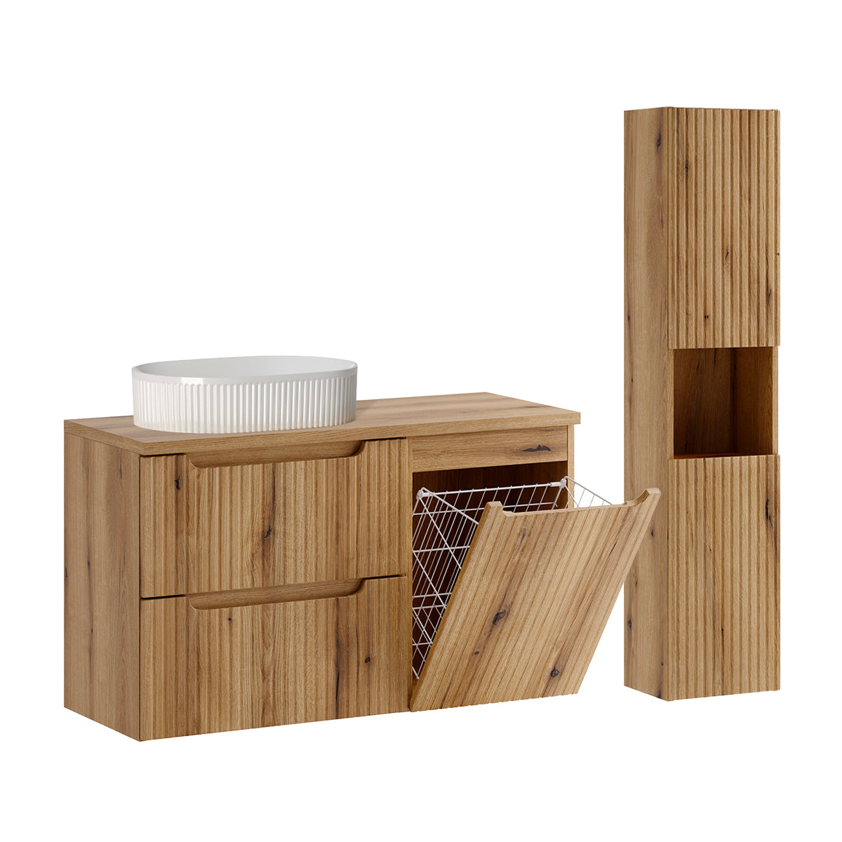 Ensemble meuble simple vasque 100cm panier à linge et colonne Riva Bois