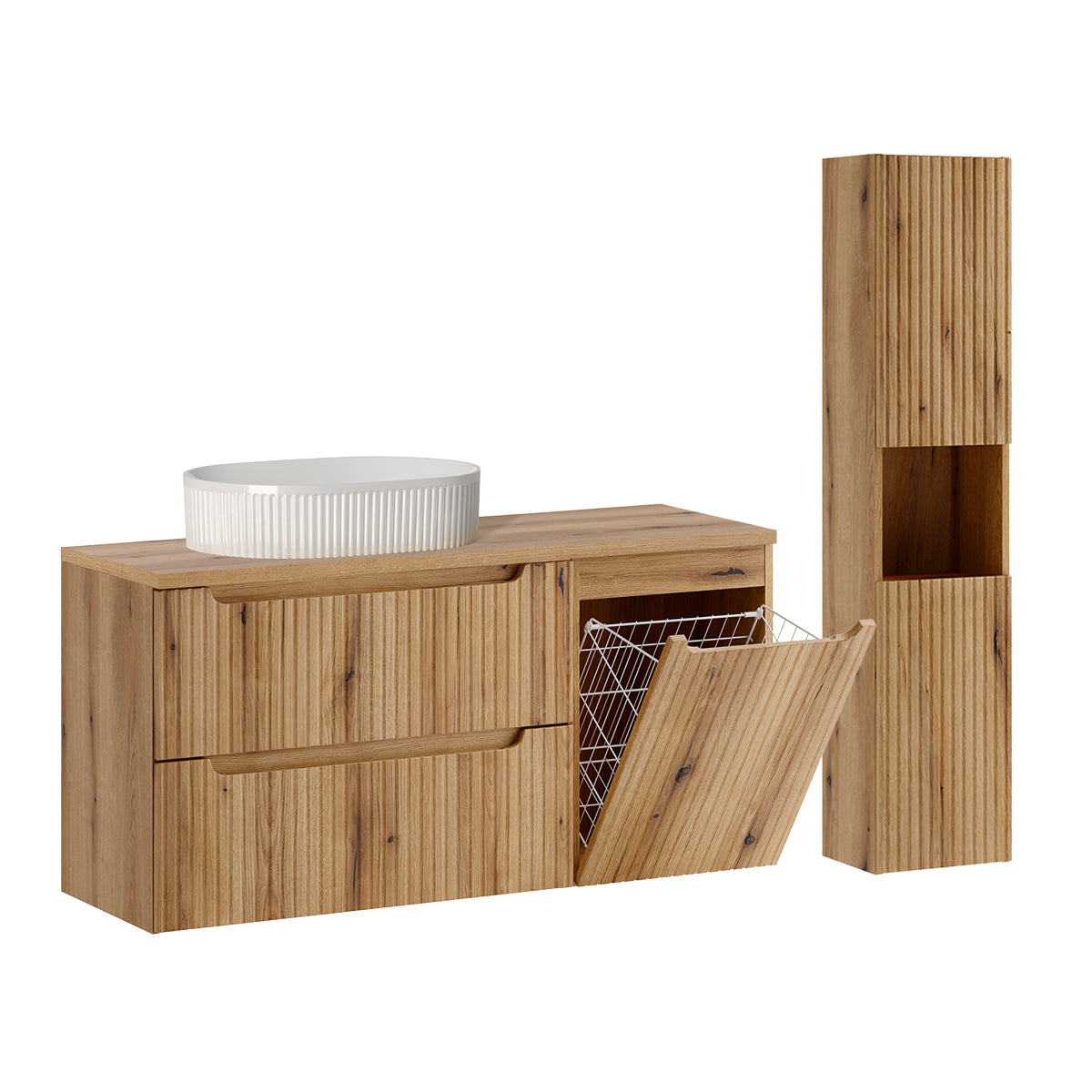 Ensemble meuble simple vasque 120cm panier à linge et colonne Riva Bois