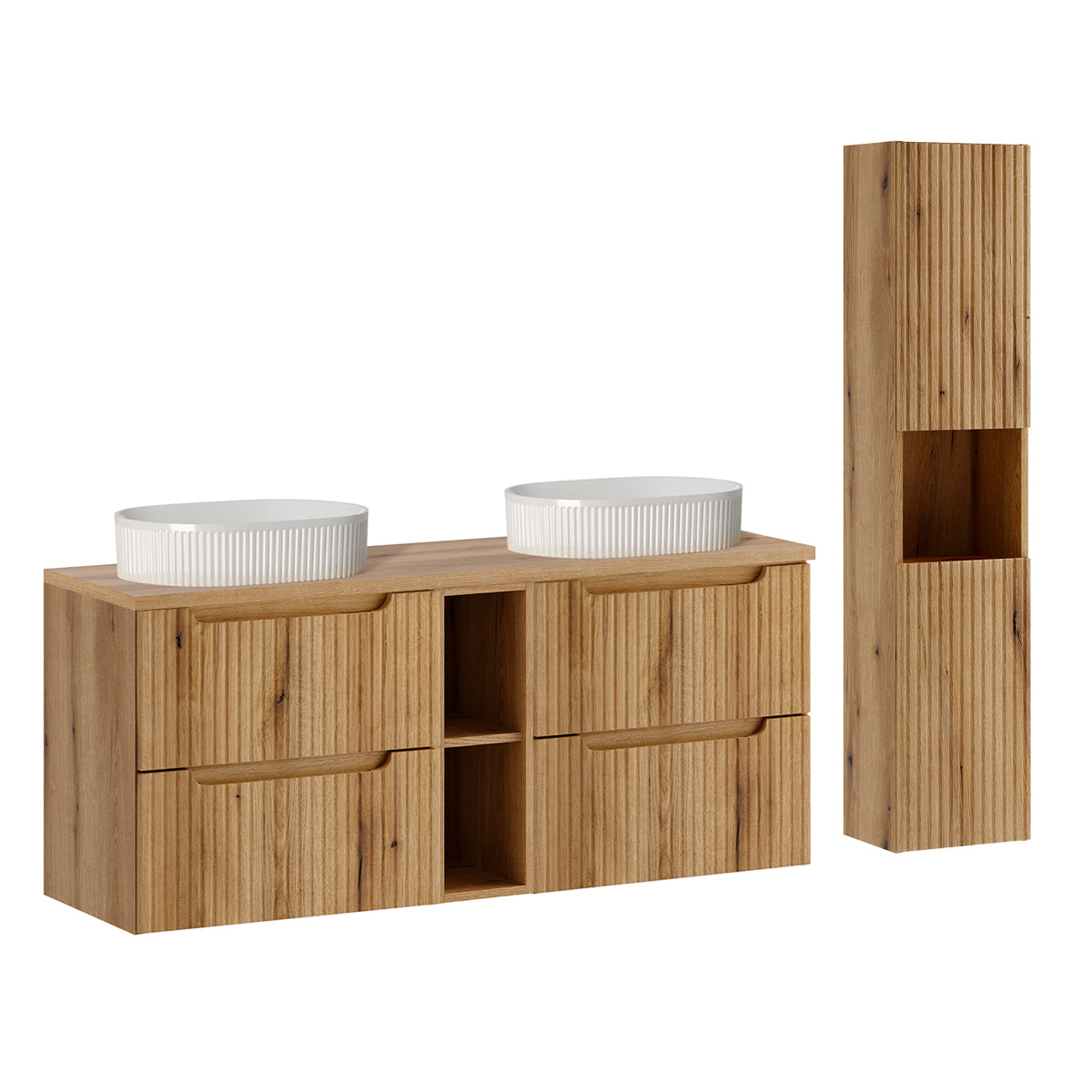 Ensemble meuble double vasque 140cm 4 tiroirs 2 niches et colonne Riva Bois