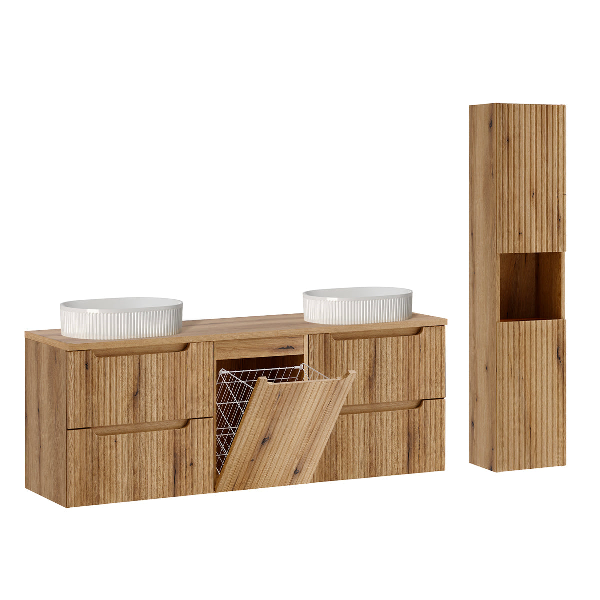 Ensemble meuble double vasque 160cm panier à linge et colonne Riva Bois