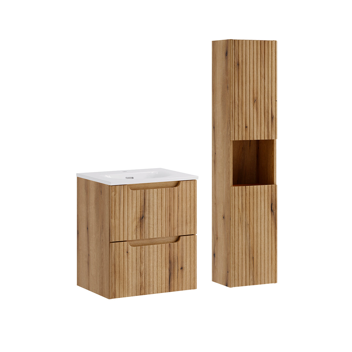 Ensemble meuble simple vasque encastrée 50cm 2 tiroirs et colonne Riva Bois - vue 2