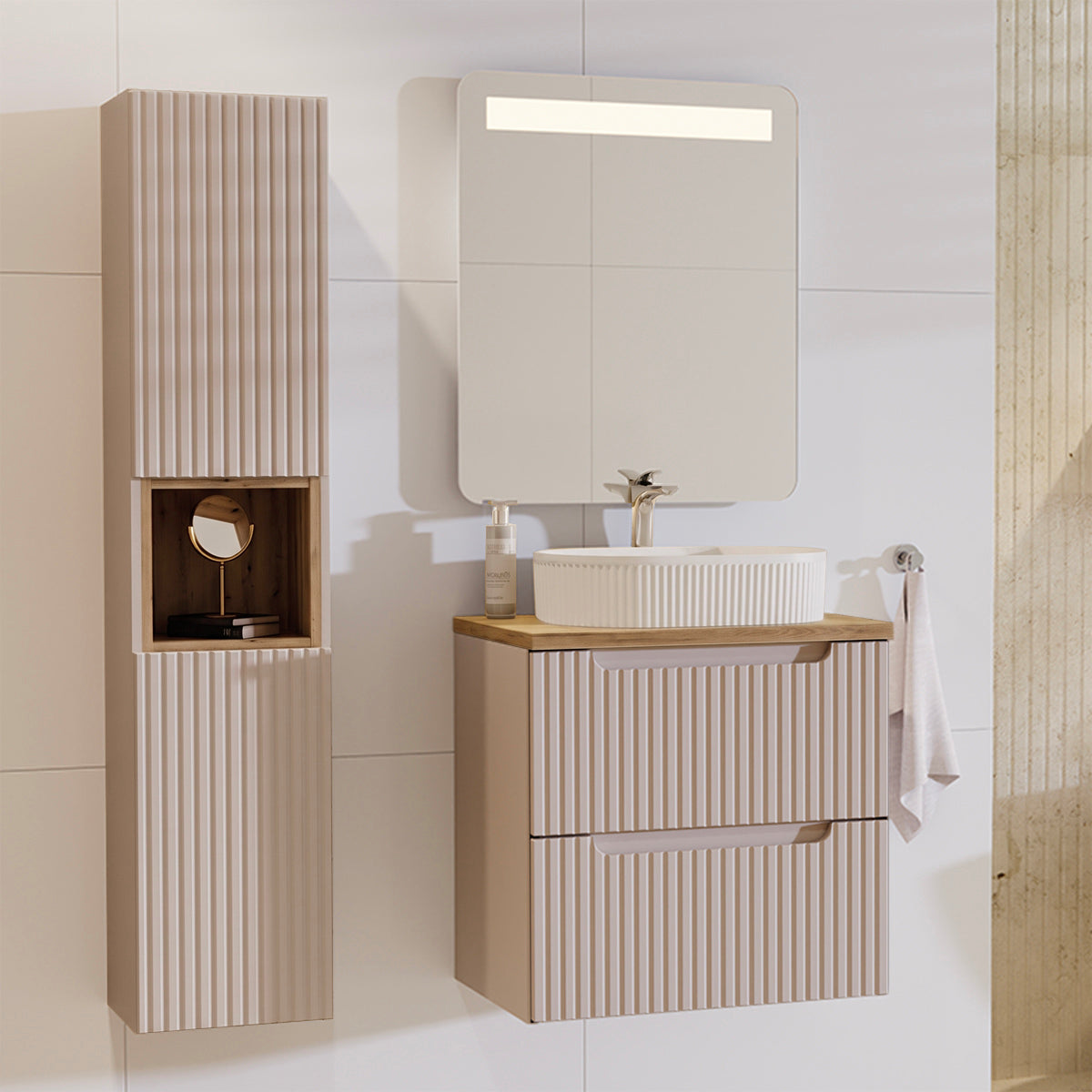Ensemble meuble simple vasque 60cm 2 tiroirs et colonne Riva Cachemire et Bois