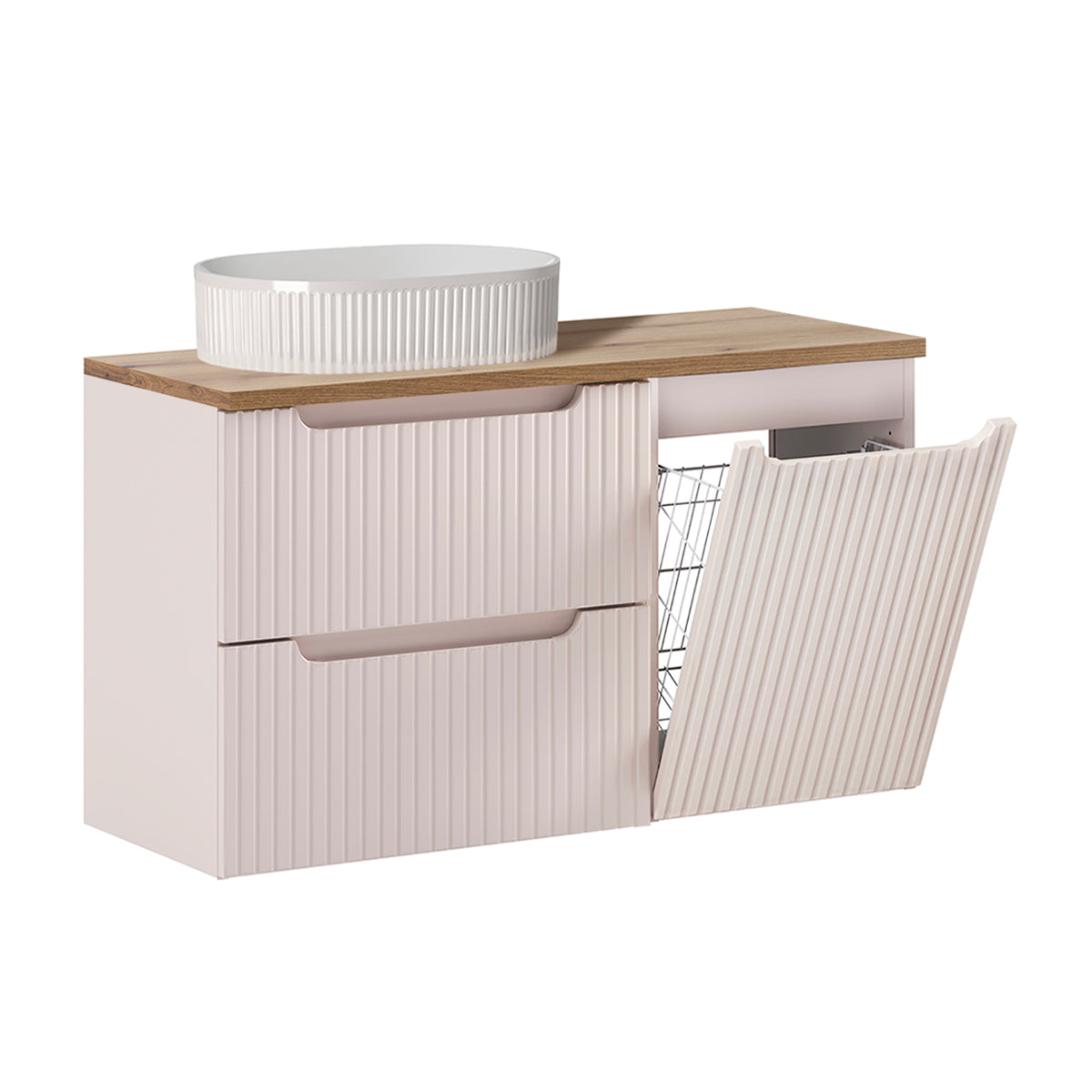 Ensemble meuble simple vasque 100cm panier à linge 2 tiroirs et colonne Riva Cachemire et Bois - vue 3