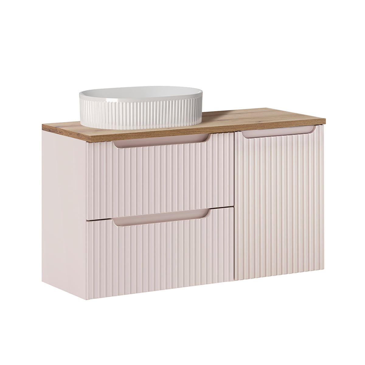 Ensemble meuble simple vasque 100cm panier à linge 2 tiroirs et colonne Riva Cachemire et Bois - vue 2