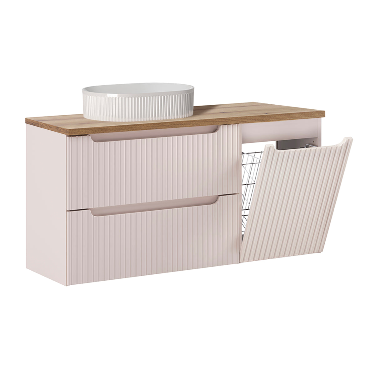 Ensemble meuble simple vasque 120cm panier à linge 2 tiroirs et colonne Riva Cachemire et Bois - vue 3