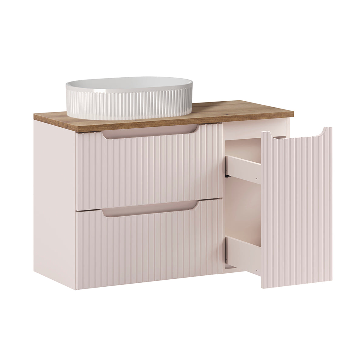 Ensemble meuble simple vasque 90cm 3 tiroirs et colonne Riva Cachemire et Bois - vue 2