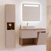 Ensemble meuble simple vasque 100cm panier à linge et colonne Riva Cachemire et Bois