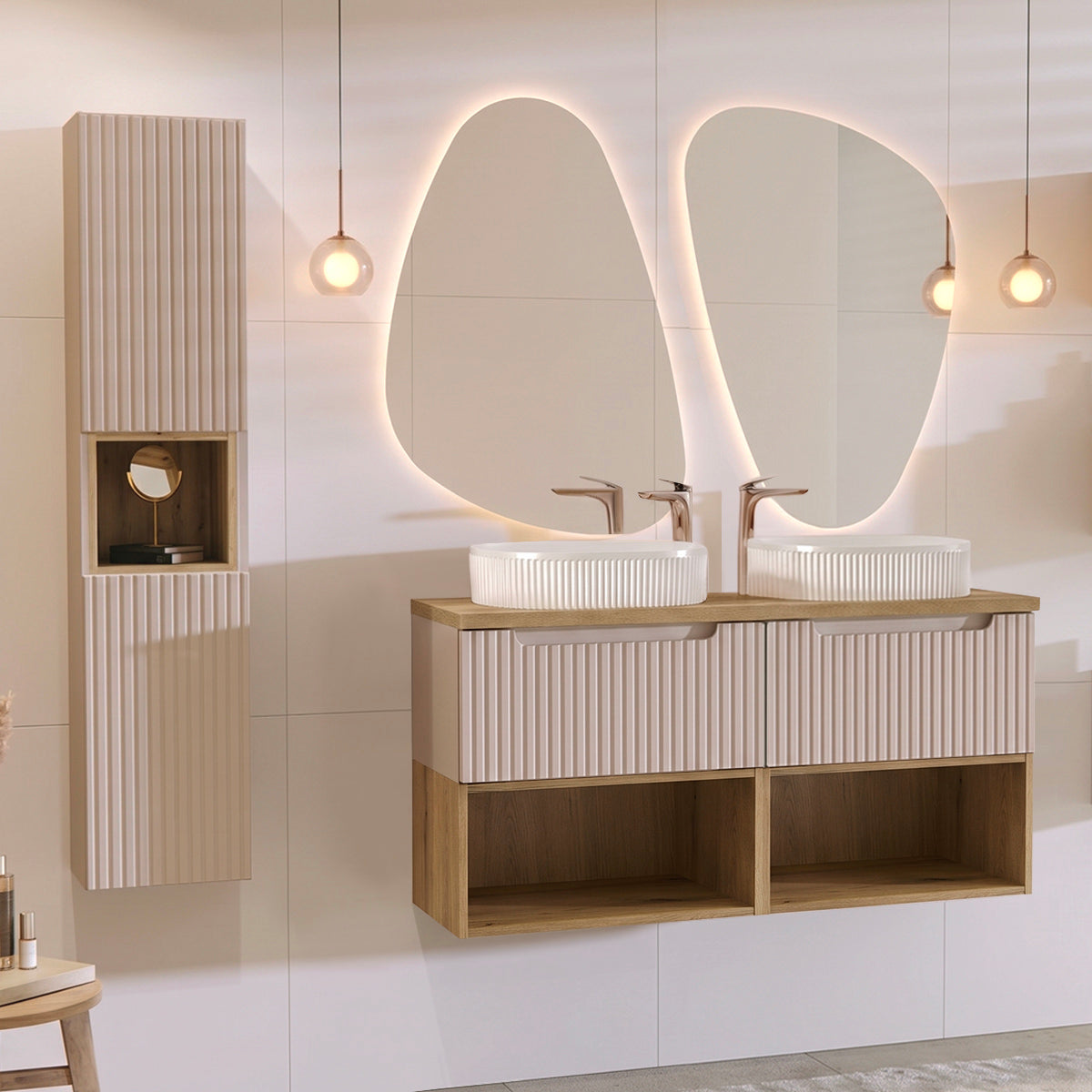 Ensemble meuble double vasque 120cm et colonne Riva Cachemire et Bois