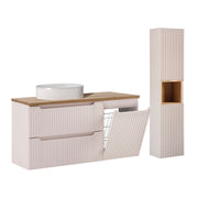 Ensemble meuble simple vasque 120cm panier à linge 2 tiroirs et colonne Riva Cachemire et Bois