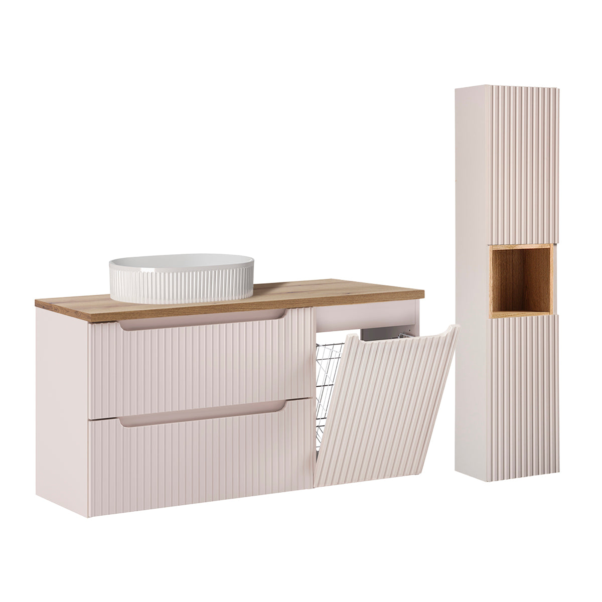 Ensemble meuble simple vasque 120cm panier à linge 2 tiroirs et colonne Riva Cachemire et Bois