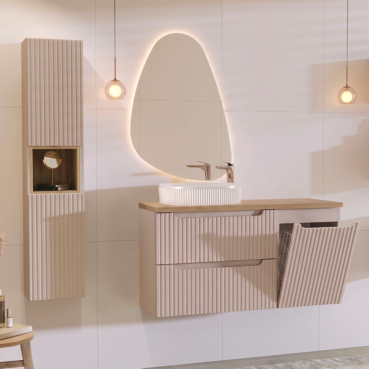 Ensemble meuble simple vasque 120cm panier à linge 2 tiroirs et colonne Riva Cachemire et Bois