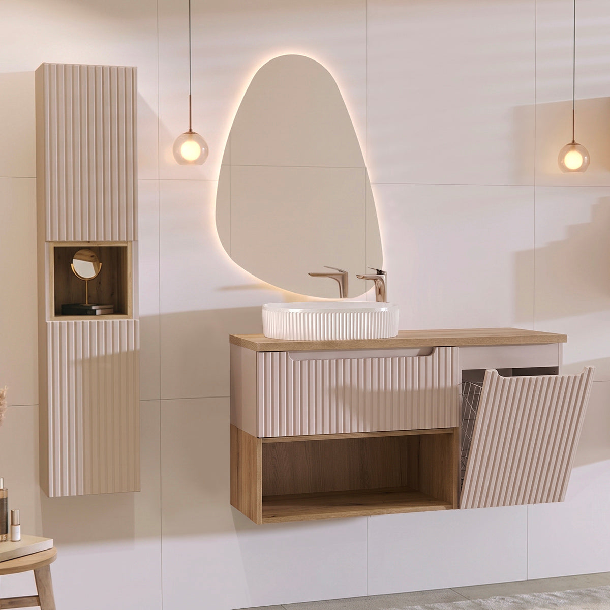 Ensemble meuble simple vasque 120cm panier à linge et colonne Riva Cachemire et Bois