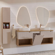 Ensemble meuble double vasque 160cm panier à linge niches et colonne Riva Cachemire et Bois