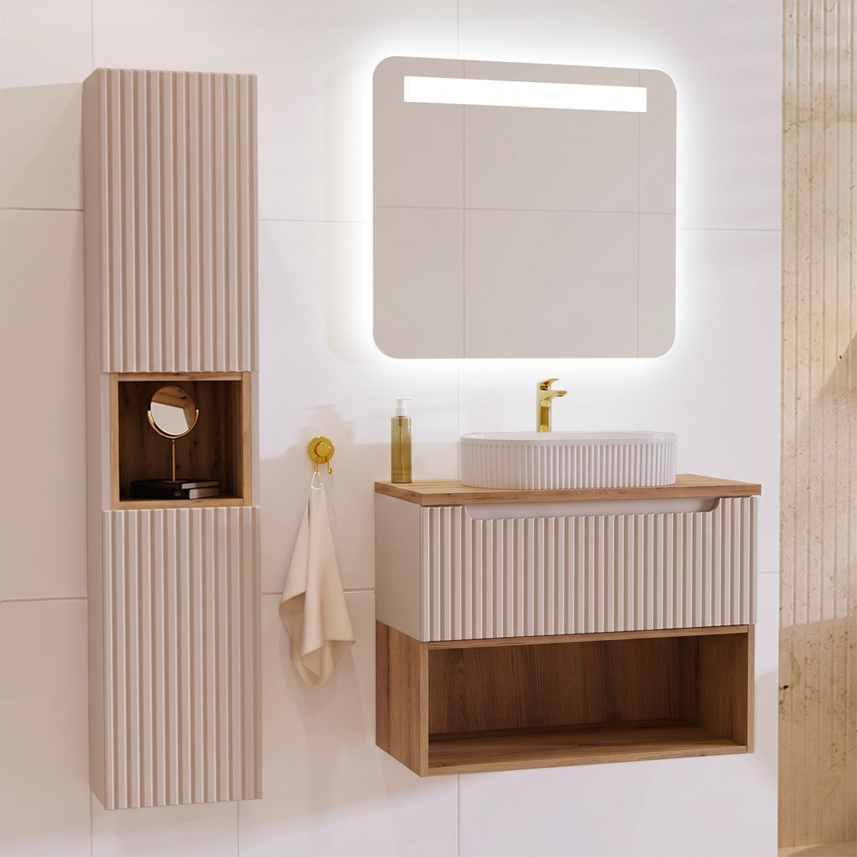 Ensemble meuble simple vasque 80cm et colonne Riva Cachemire et Bois