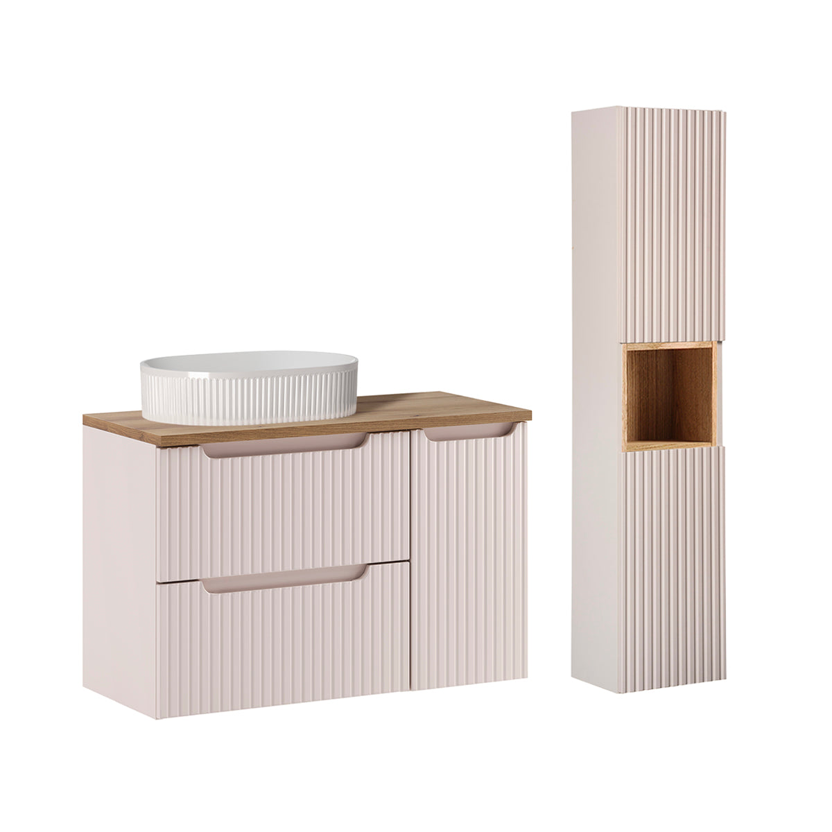 Ensemble meuble simple vasque 90cm 3 tiroirs et colonne Riva Cachemire et Bois