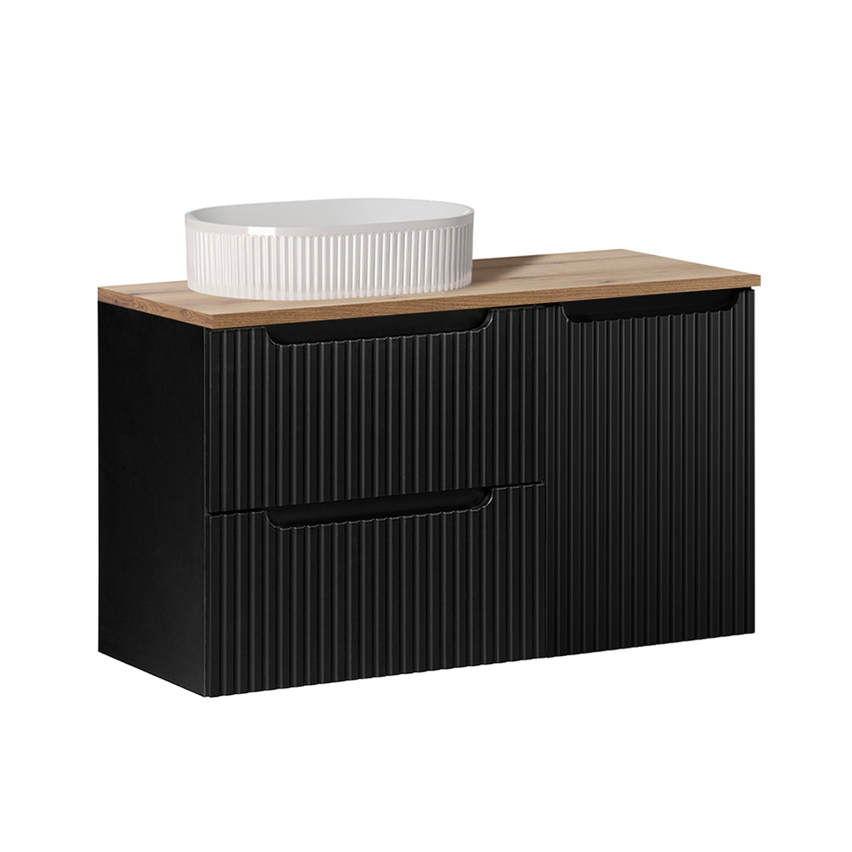Ensemble meuble simple vasque 100cm panier à linge 2 tiroirs et colonne Riva Noir et Bois - vue 2