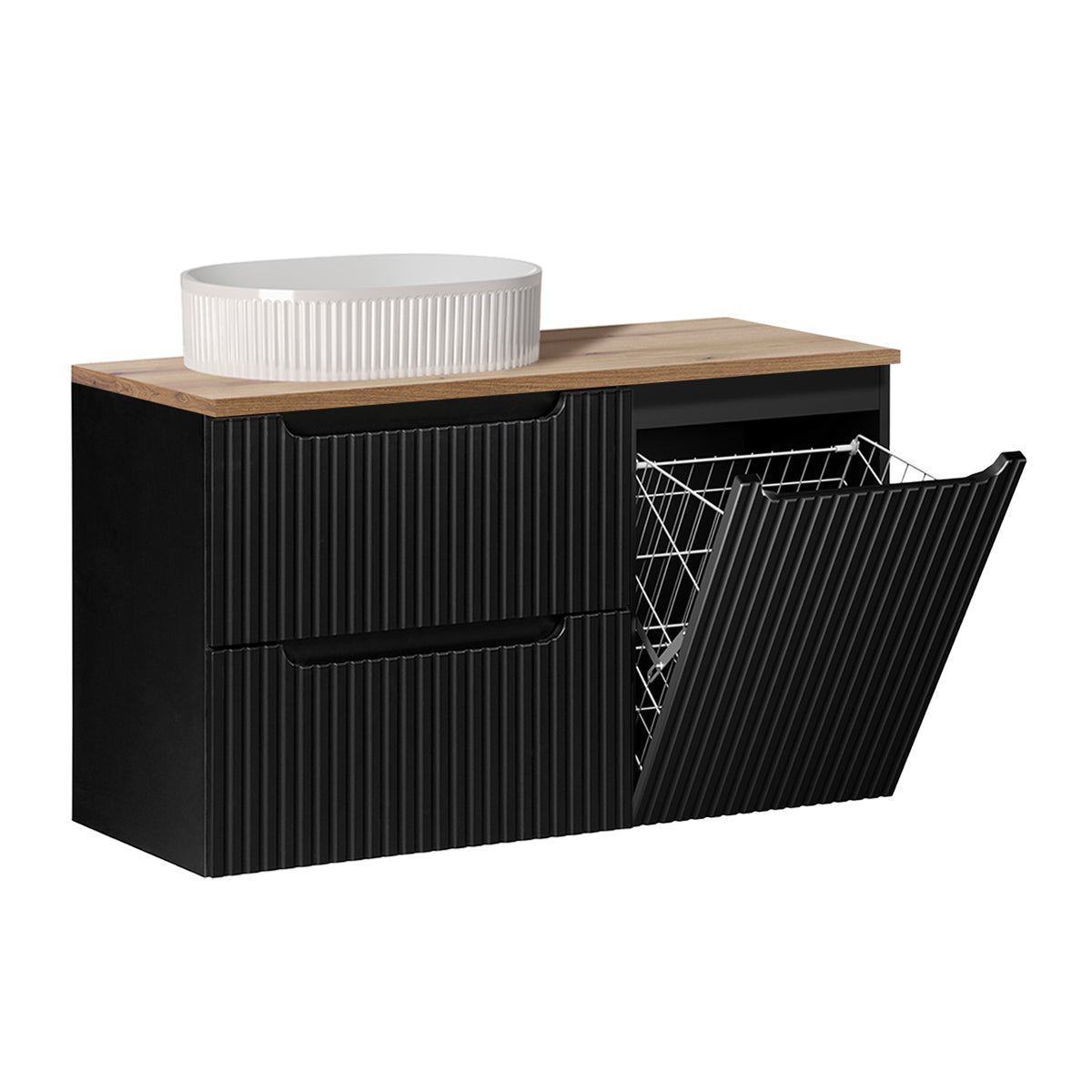 Ensemble meuble simple vasque 100cm panier à linge 2 tiroirs et colonne Riva Noir et Bois - vue 3