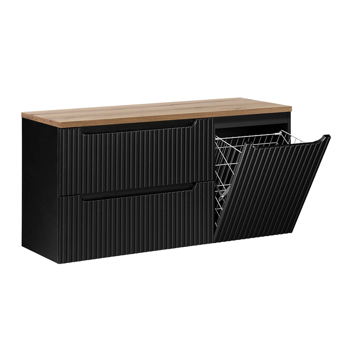 Meuble sous-vasque 120cm panier à linge 2 tiroirs Riva Noir et Bois