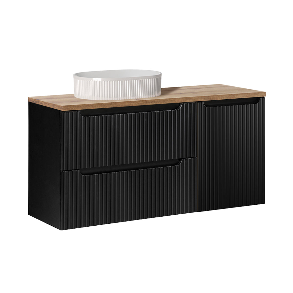 Ensemble meuble simple vasque 120cm panier à linge 2 tiroirs et colonne Riva Noir et Bois - vue 2