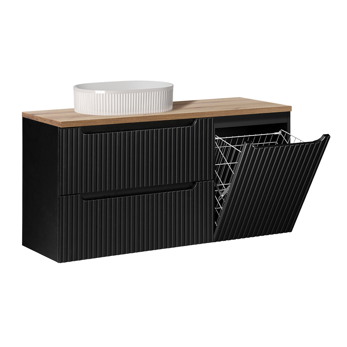 Ensemble meuble simple vasque 120cm panier à linge 2 tiroirs et colonne Riva Noir et Bois - vue 3