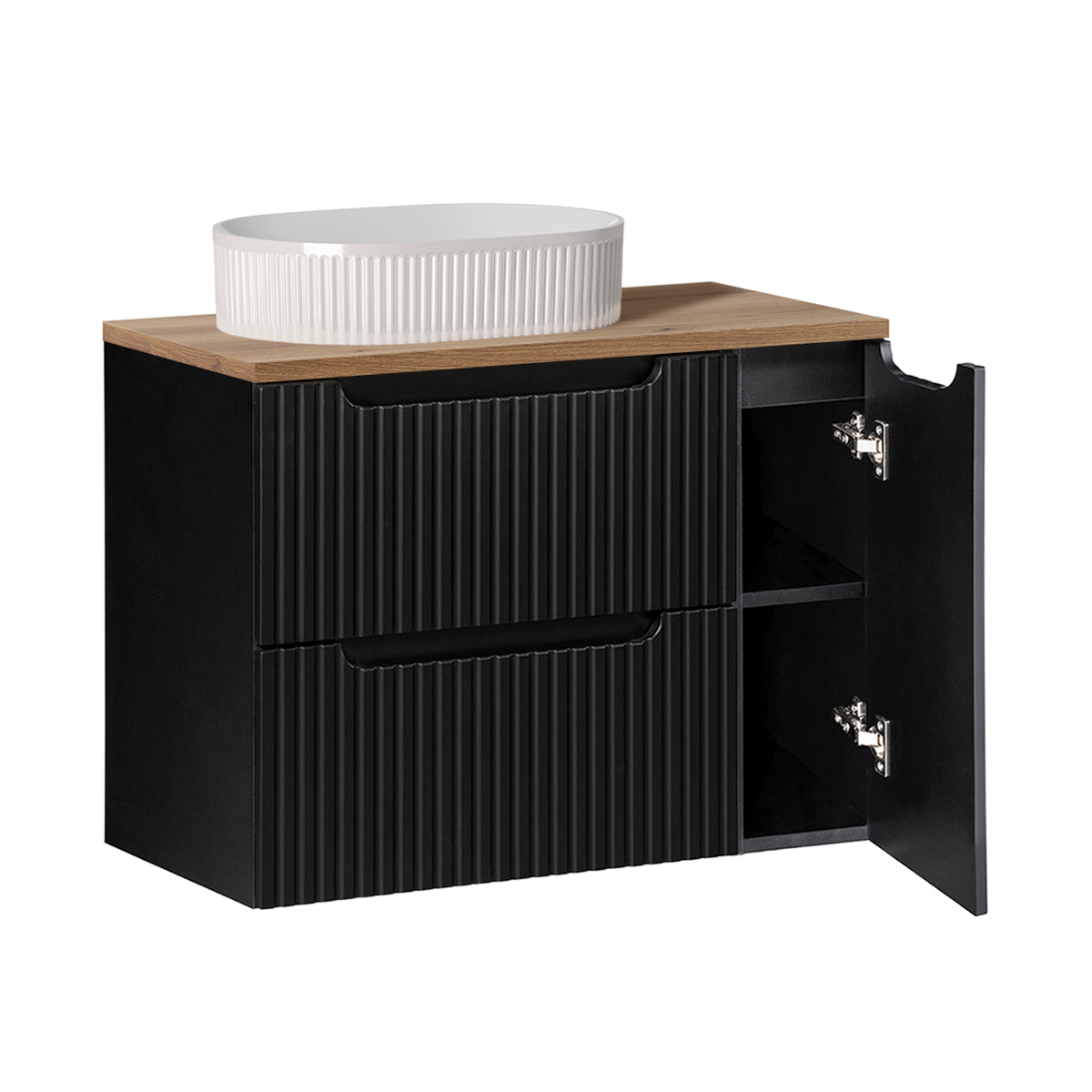Ensemble meuble simple vasque 80cm 2 tiroirs 1 porte et colonne Riva Noir et Bois - vue 2