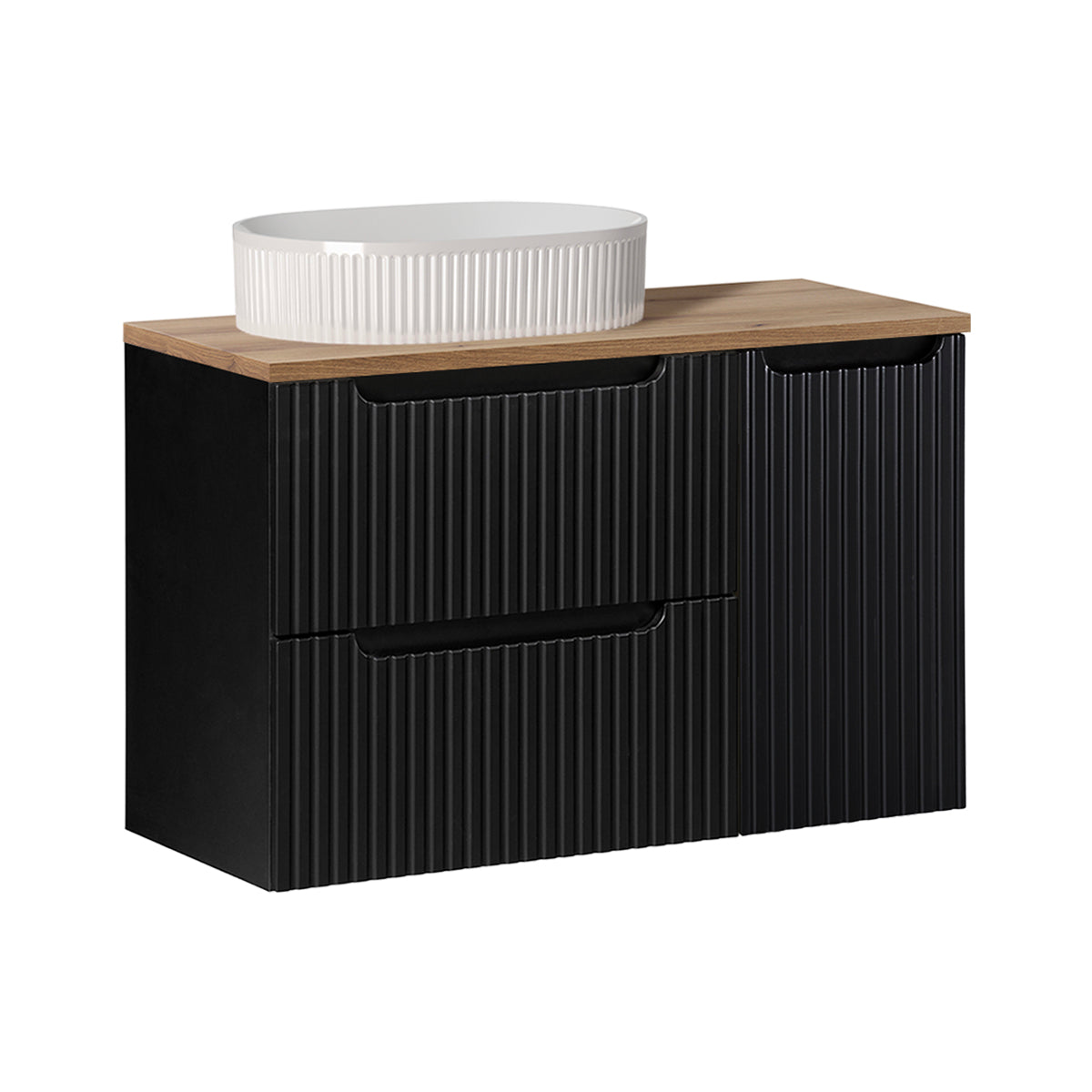 Meuble simple vasque 90cm 2 tiroirs 1 porte Riva Noir et Bois