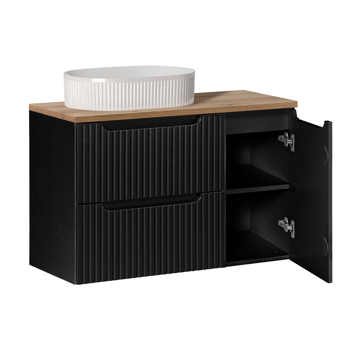 Ensemble meuble simple vasque 90cm 2 tiroirs 1 porte et colonne Riva Noir et Bois - vue 2