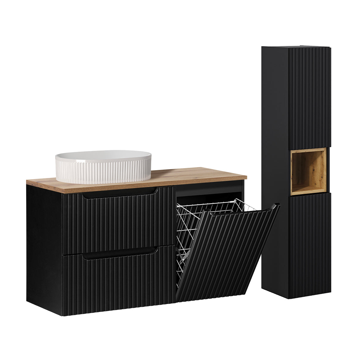Ensemble meuble simple vasque 100cm panier à linge 2 tiroirs et colonne Riva Noir et Bois
