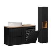 Ensemble meuble simple vasque 100cm panier à linge 2 tiroirs et colonne Riva Noir et Bois