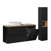 Ensemble meuble simple vasque 120cm panier à linge 2 tiroirs et colonne Riva Noir et Bois