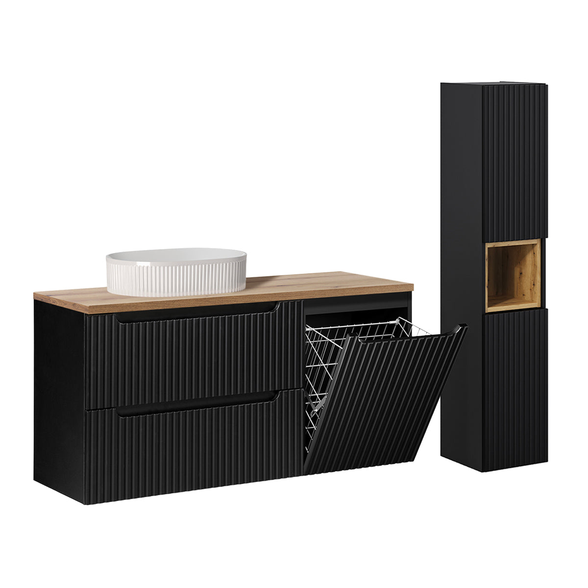 Ensemble meuble simple vasque 120cm panier à linge 2 tiroirs et colonne Riva Noir et Bois
