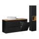 Ensemble meuble simple vasque 120cm panier à linge 2 tiroirs et colonne Riva Noir et Bois