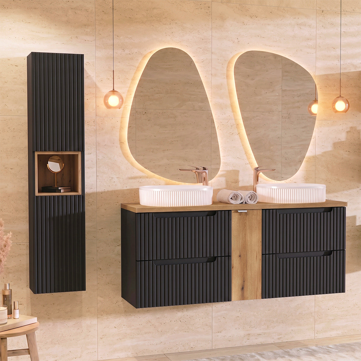 Ensemble meuble double vasque 140cm 4 tiroirs et colonne Riva Noir et Bois