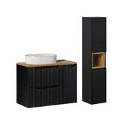 Ensemble meuble simple vasque 80cm 2 tiroirs 1 porte et colonne Riva Noir et Bois
