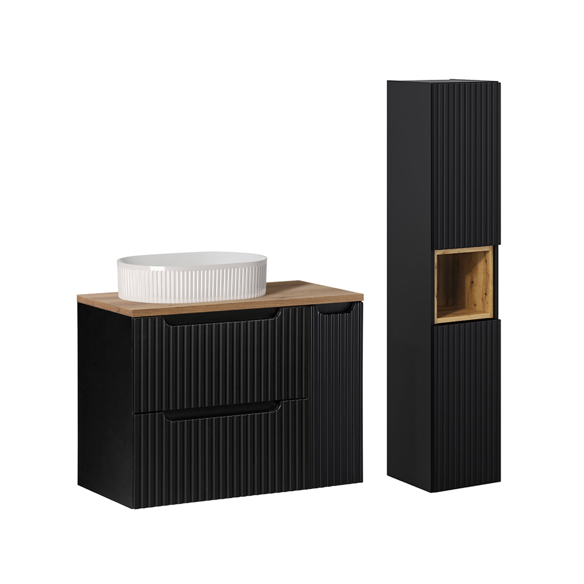 Ensemble meuble simple vasque 80cm 2 tiroirs 1 porte et colonne Riva Noir et Bois