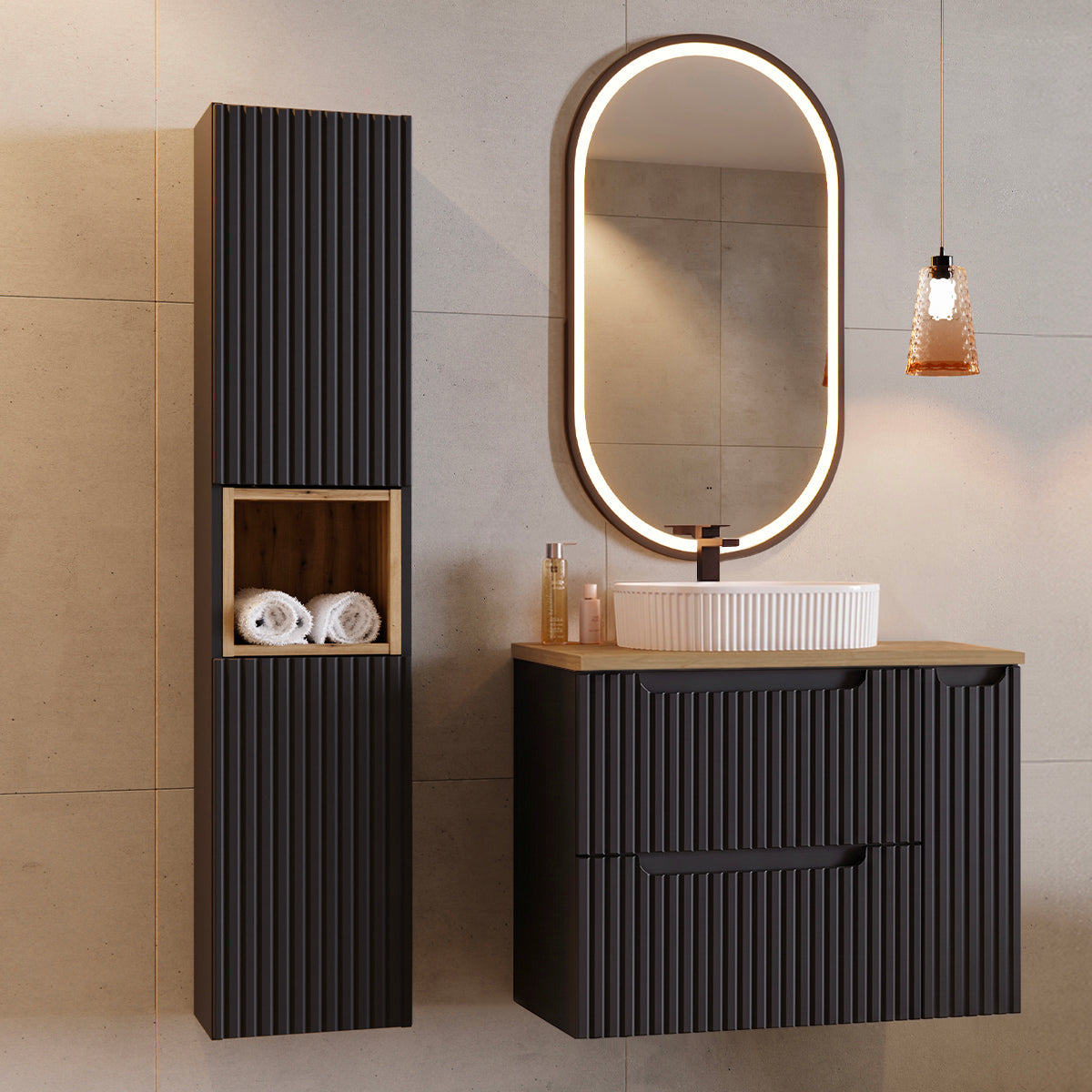Ensemble meuble simple vasque 80cm 2 tiroirs 1 porte et colonne Riva Noir et Bois