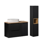 Ensemble meuble simple vasque 90cm 2 tiroirs 1 porte et colonne Riva Noir et Bois