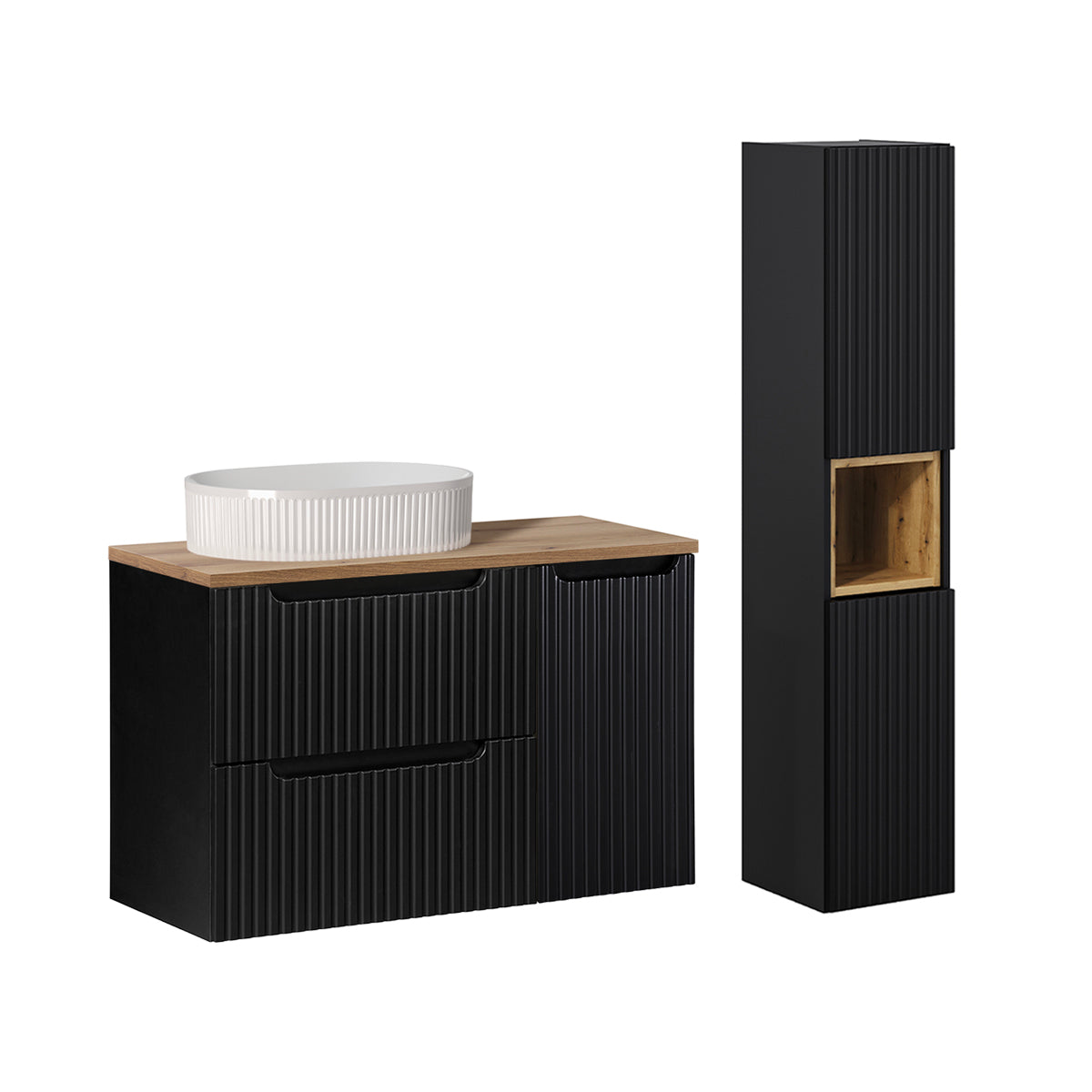 Ensemble meuble simple vasque 90cm 2 tiroirs 1 porte et colonne Riva Noir et Bois