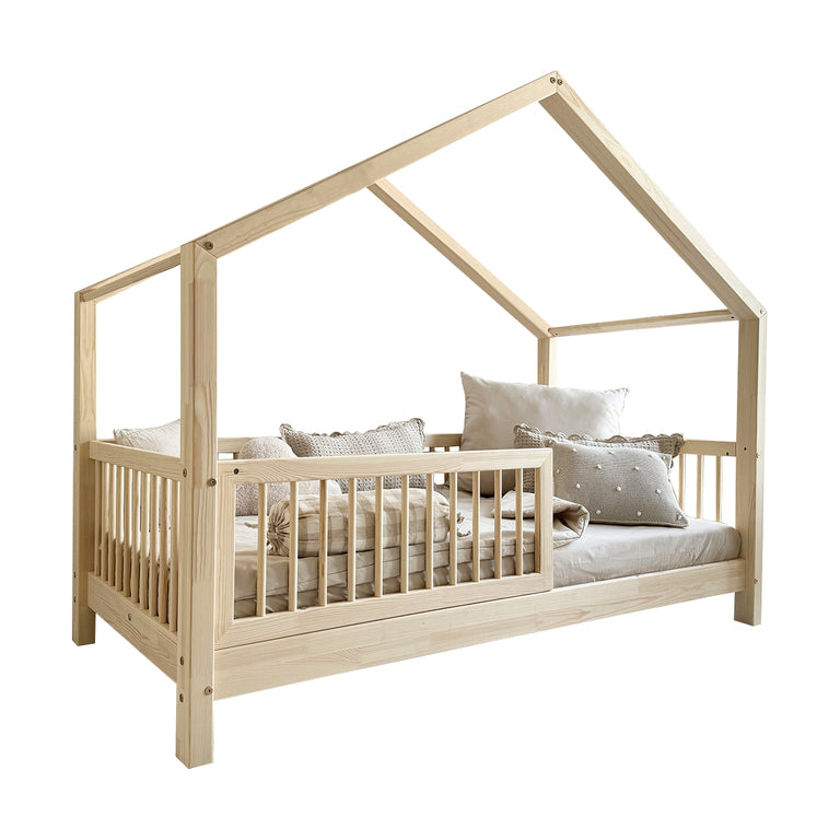 Lit cabane 90x200 barrière et sommier inclus pieds 10 cm Rosalie Bois - vue 2