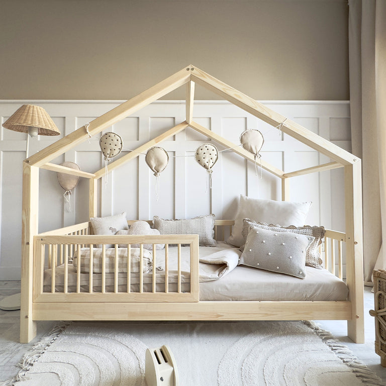 Lit cabane 90x190 barrière et sommier inclus pieds 10 cm Rosalie Bois - vue 3