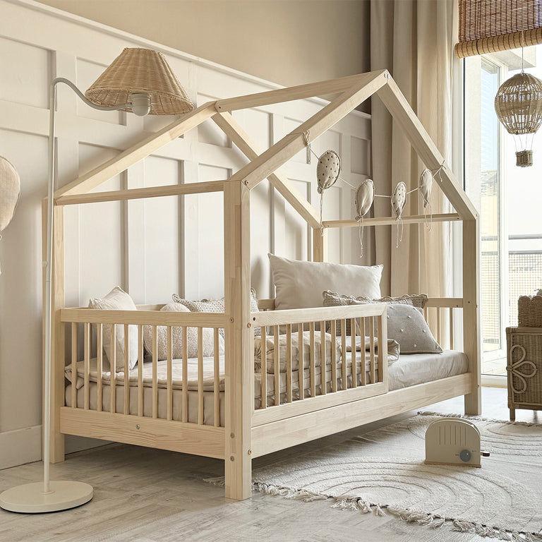 Lit cabane 90x200 barrière et sommier inclus pieds 10 cm Rosalie Bois - vue 4