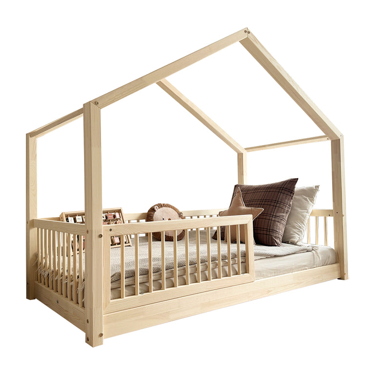 Lit cabane 90x190 barrière et sommier inclus pieds 1 cm Rosalie Bois - vue 2
