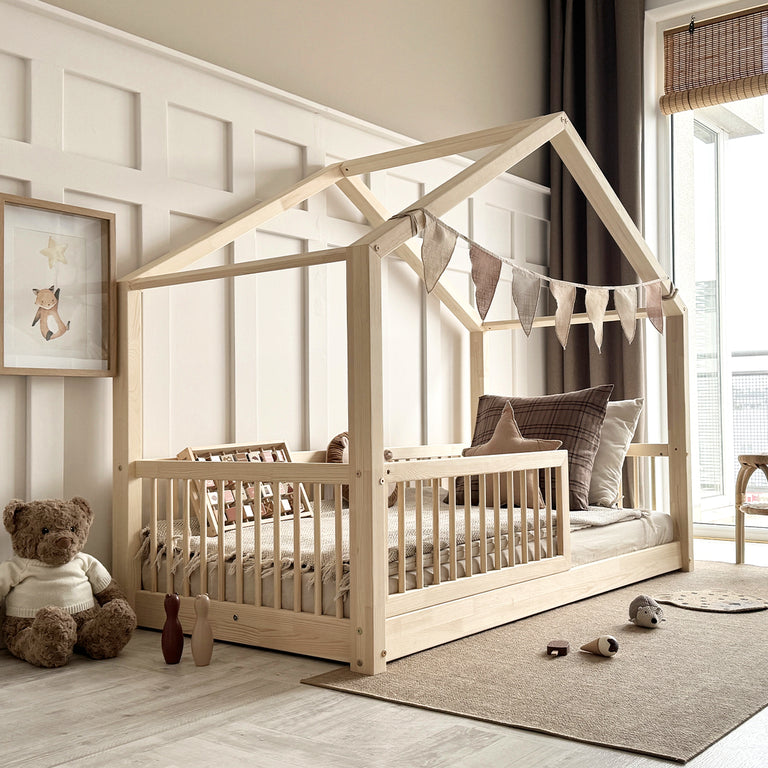 Lit cabane 90x190 barrière et sommier inclus pieds 1 cm Rosalie Bois - vue 4