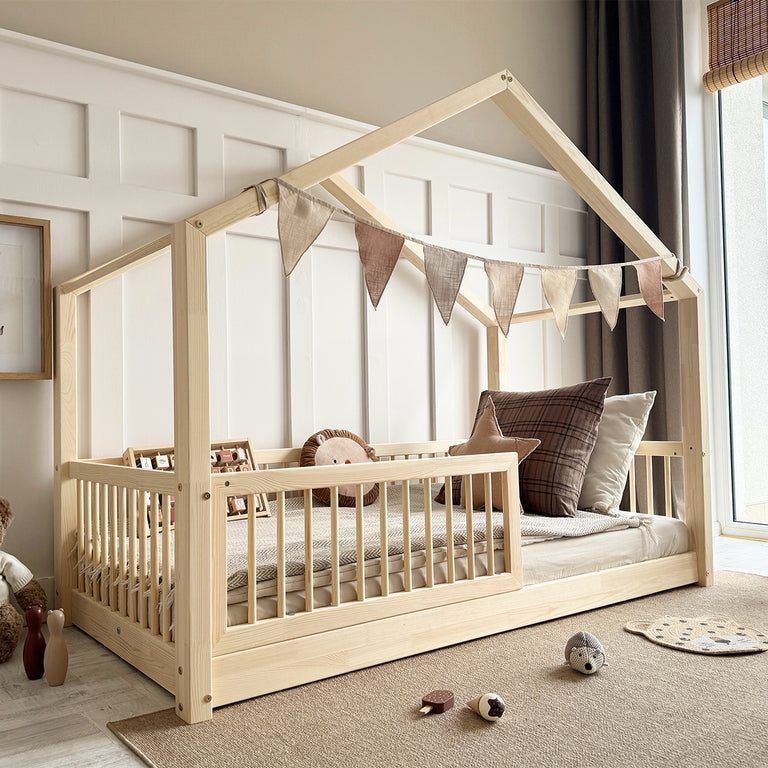 Lit cabane 90x190 barrière et sommier inclus pieds 1 cm Rosalie Bois