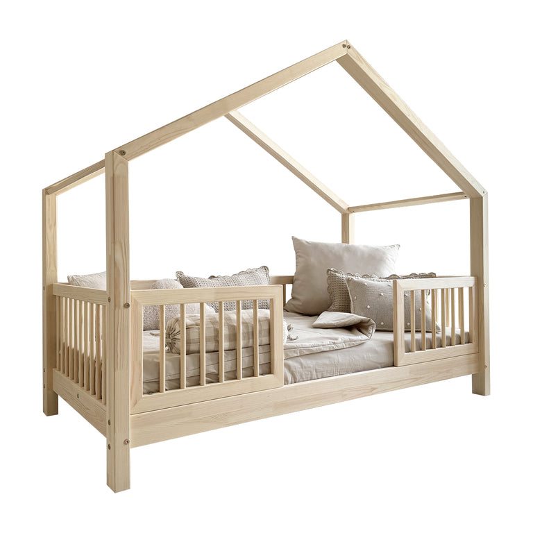 Lit cabane 90x200 barrières et sommier inclus pieds 10 cm Rosalie Bois - vue 2