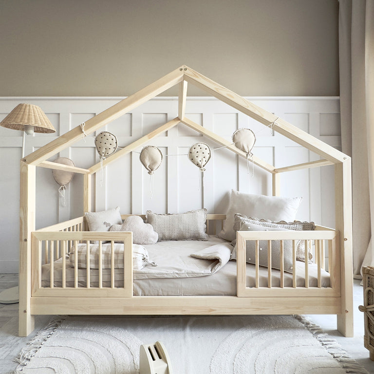 Lit cabane 90x190 barrières et sommier inclus pieds 10 cm Rosalie Bois - vue 3