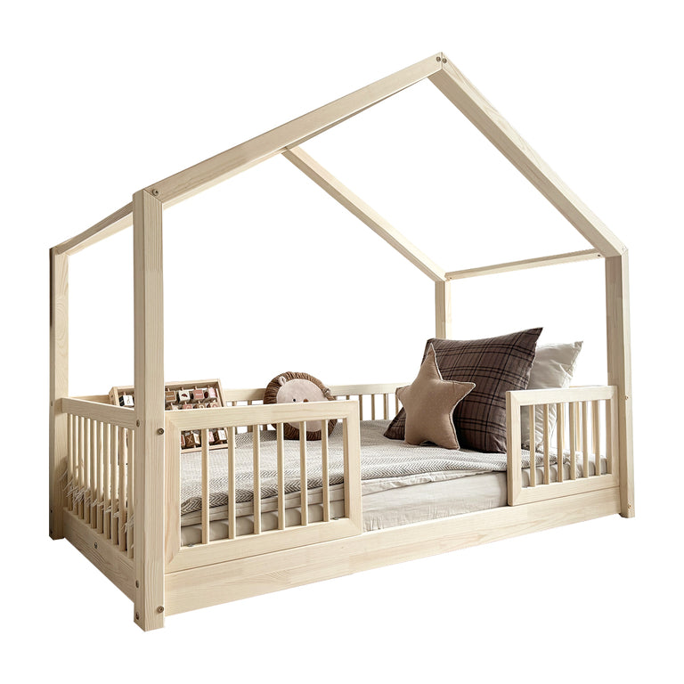 Lit cabane 90x190 barrières et sommier inclus pieds 1 cm Rosalie Bois - vue 2