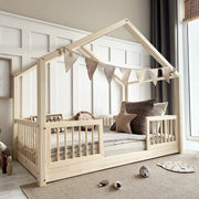 Lit cabane 90x190 barrières et sommier inclus pieds 1 cm Rosalie Bois