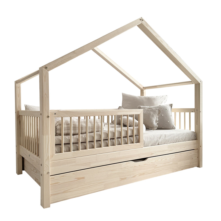 Lit cabane 90x190 barrière sommier et tiroir inclus Rosalie Bois - vue 2