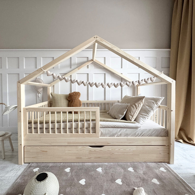 Lit cabane 90x190 barrière sommier et tiroir inclus Rosalie Bois - vue 3